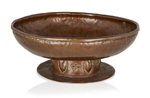 
	
		Designer unknown, 
		 
		Arts and Crafts rose and hearts pedestal fruit bowl,  circa...