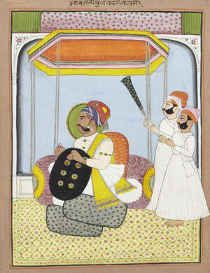 
	
		A seated ruler and attendants, Mewar, Punjab, India, circa 1900, opaque pigments...