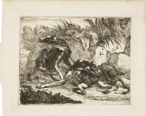 Jan Fyt, 
		Flemish 1611-1661- 
		 
		Landscape with Greyhound and Rifle, and Two Greyhounds, leashed and facing opposite directions;
		 
		etchings, tw