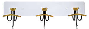 
	
		Lacquered metal and brass coat hooks  
		c.1960, unsigned  
		A set of three mounted...