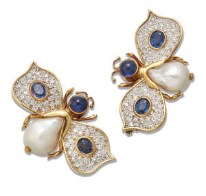 
	
		A pair of  diamond, sapphire and cultured pearl bee brooches, each with pave diamond...