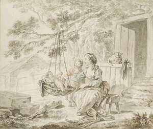 Jean-Baptiste le Prince, 
		 
		French 1734-1781- 
		 
		Mère et enfants dans le jardin; 
		 
		pen and brush and grey black ink with touches of wate