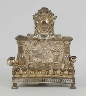 
	
		A silver plated Hannukah lamp, probably Austro-Hungarian, second half 19th century, the...