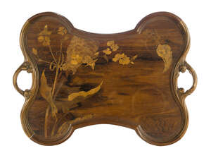 
	
		Emile Gallé (1846-1904), an Art Nouveau walnut and marquetry tray with carved handles
		