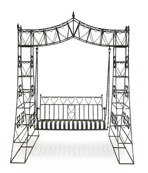 A grey-painted metalwork garden lovers' swing seat, late 20th century, the seat on suspension rods beneath an openwork frame with heart motifs, 260cm high, 202