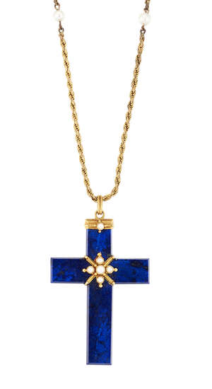 
	
		A 19th century gold and lapis lazuli cross pendant necklace, the intersection embellished...