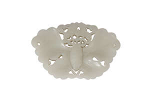 
	
		A Chinese pale green jade butterfly plaque, mid-19th century, reticulated, and with wings...