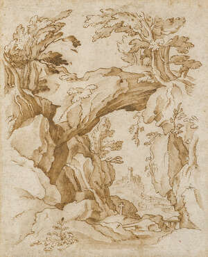 Attributed to Remigio Cantagallina, 
		 
		Italian c.1582-1656- 
		 
		Mountainous wooded landscape with a cross and distant tower; 
		 
		pen and bro