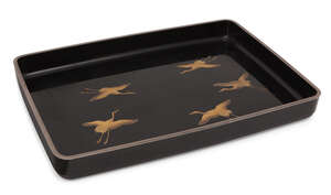 
	
		A Japanese black Kyoto style lacquer rectangular tray, 20th century, finely decorated...