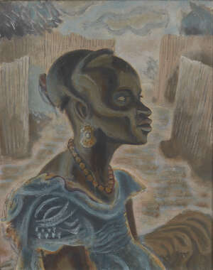 
	
		Leon Underwood, 
		British 1890-1975- 
		 
		African woman, c.1940s; 
		 
		oil on...