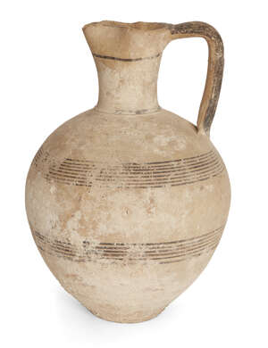 
	
		A Cypriot Iron Age Bichrome Ware amphora with pinched-in lip, the body decorated with two...