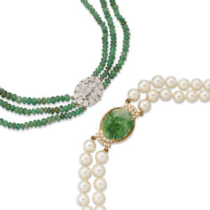 
	
		A cultured pearl necklace with diamond and jadeite jade clasp and an emerald triple-row...