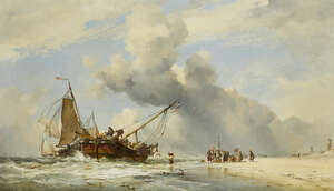 
	
		Edward William Cooke RA, 
		 
		British 1811-1880- 
		 
		Fishermen landing their...