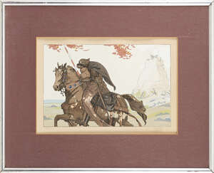 
	
		Ettore Tito (1859-1941), a pochoir 
		c. 1920, 'The Rescue - the Knight and the Maiden',...