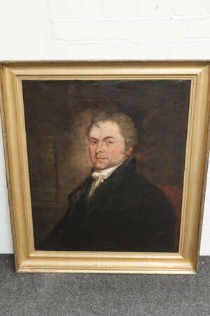 
	
		British School, 
		early-mid 19th century-
		 
		Portrait of a gentleman, seated...