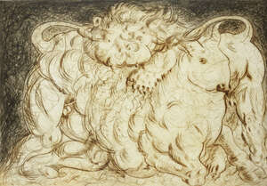 
	
		Roberto Barni, 
		Italian b.1939-
		 
		Toro E Leone, 1982;
		 
		drypoint etching in...