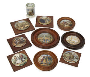 
	
		A Victorian Pratt ware pot lid decorated with a scene of Trafalgar Square, within a wood...