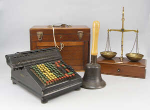 
	
		A set of brass scales, mounted on wooden base with single draw, together with a wooden...