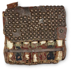 
	
		RTOA studded leather gunpowder flask container, Caucasus, 17th-18th century, with seven...