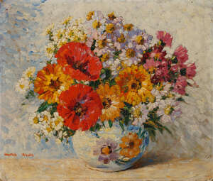Walter Taylor, 
		British 1860-1943- 
		 
		Zinnias and daisies in a vase; 
		 
		oil on board, signed, further signed to the reverse, 30.5x36.5cm 
		