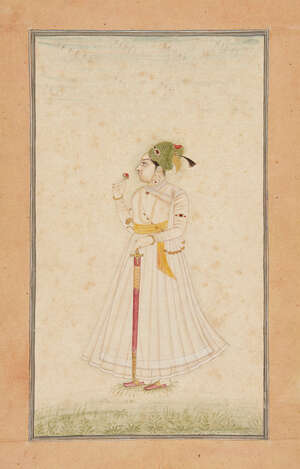 
	
		Zorawar Singh of Bikaner, Bikaner, India, circa 1730, gouache on paper heightened with...