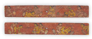 
	
		A pair of painted wood manuscript covers depicting lovers in erotic embraces, Orissa,...