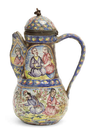 
	
		A Qajar enamelled copper lidded ewer with portraits, Iran, 19th century, with curved...