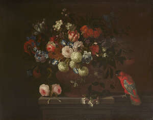 
	
		Giuseppe Vicenzino, 
		Italian c.1662-1700- 
		 
		Still life with wild roses, tulips...
