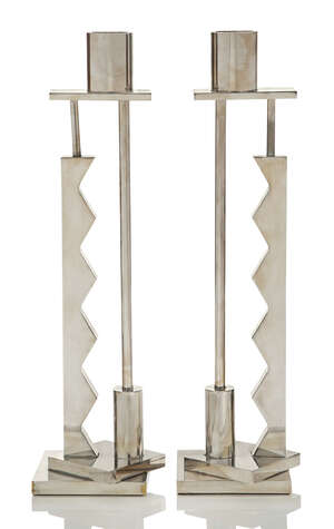 
	
		Ettore Sottsass (1917-2007), a pair of silver plated 'Silvershade' candlesticks, for Swid...