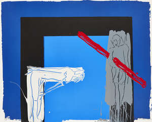 
	
		Bruce McLean,
		Scottish b.1944-
		 
		White Man, Grey Man and Red Lino, 1985; 
		 
		