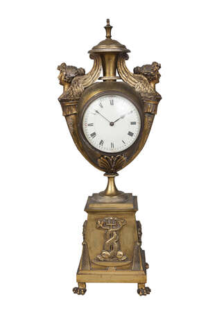 
	
		A French Empire ormolu clock, 19th century, of urn form with female winged terminal...