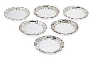 
	
		A matched set of six silver pin dishes, four Chester, c.1929 and two Birmingham, c.1919...