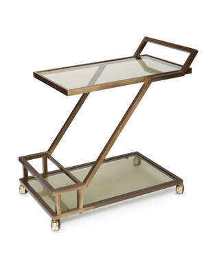 
	
		Possibly French, a two-tier brass and smoky-glass drinks trolley 
		Third Quarter 20th...