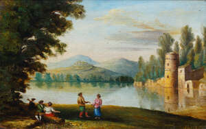 
	
		J Lister, British, mid 19th century- Figures by a lake shore with a castle; oil on board,...