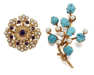 
	
		Two gem brooches. comprising: a tumble polished turquoise and cultured pearl foliate...