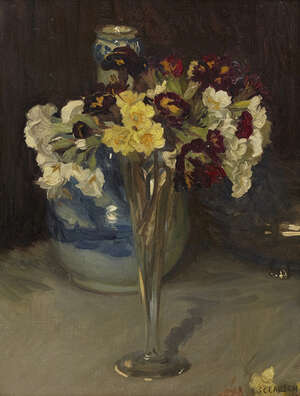 
	
		Sir George Clausen RA RWS, 
		British 1852-1944- 
		 
		Primulas in a glass...