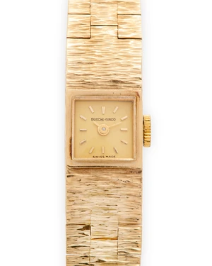 Bueche-Girod. A 9ct gold manual wind manual wind bracelet watchLondon hallmark for 1967BC-66 manual wind movement, square champagne dial with applied baton hou