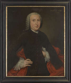 Johann-Philipp Behr, 
		German, fl. 1740-1756- 
		Portrait of Jacob Ziegler (1716-1750), standing half-length wearing an embroidered brown jacket and waistco