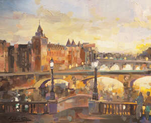 
	
		Axel de Forté, late 20th/early 21st century- River bridges at twilight; oil on canvas,...