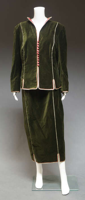 
	
		An Anna Belinda forest green velvet suit, the tunic jacket with pale green and pink silk...