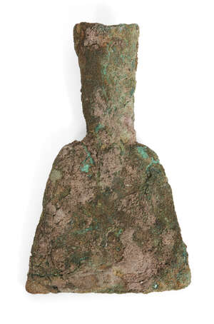 
	
		A Chinese bronze farming tool, Neolithic period, with broad, tapering blade, heavily...
