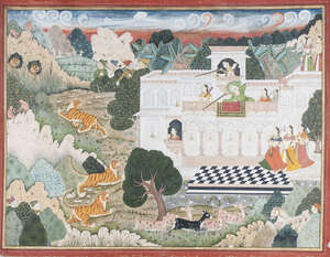
	
		A tiger hunt depicting Maharaja Kishor Singh, Kotah circa 1900, gouache on paper...