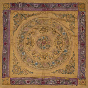 An embroidered silk, India, 19th century, of square form, with elephants and devanagri inscription, 93 x 93cm.