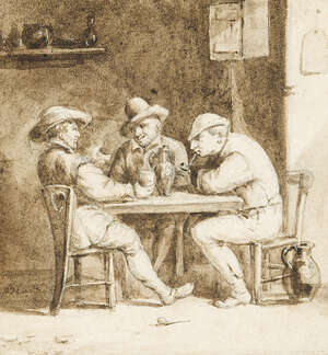 Manner of Adriaen Brouwer, 
		late 17th/early18th century- 
		 
		Men seated at a table in a tavern; 
		 
		pen and ink and wash over pencil on laid pap