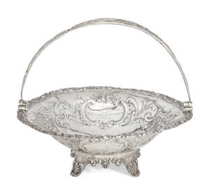 
	
		A Victorian silver swing-handled cake basket, London, c.1843, maker's mark rubbed, raised...