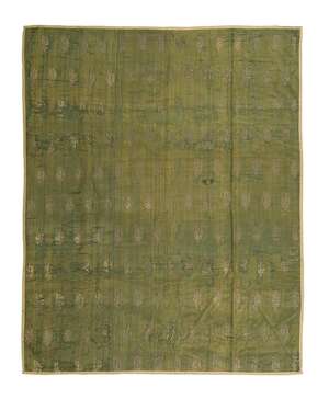An early Mughal gilt metal thread embroidered silk panel, India, late 17th century, of rectangular form, embroidered in silver thread with a repeating design o