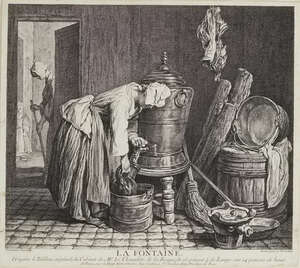 Charles-Nicholas Cochin, 
		French 1715-1790- 
		 
		La Fontaine; La Blanchisseuse, after Chardin; 
		 
		copper engravings on laid paper, two, both 27.