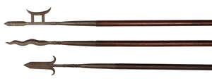 
	
		Three Chinese spears, 19th century, each with steel blade, one with snake spear head...