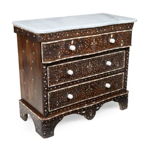 A modern bone and mother of pearl inlaid hardwood serpentine front commode, of Syrian style,...