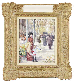 Juan Soler, Spanish b.1951- Mother and daughter on a tree-lined avenue; oil on canvas, signed...